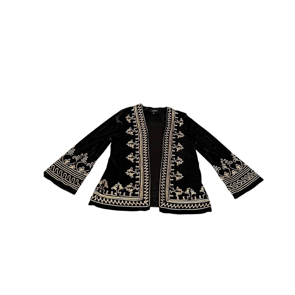 4SI3NNA Black Crushed Velvet Embroidered Open Jacket Gold Soutache Bell Sleeve S